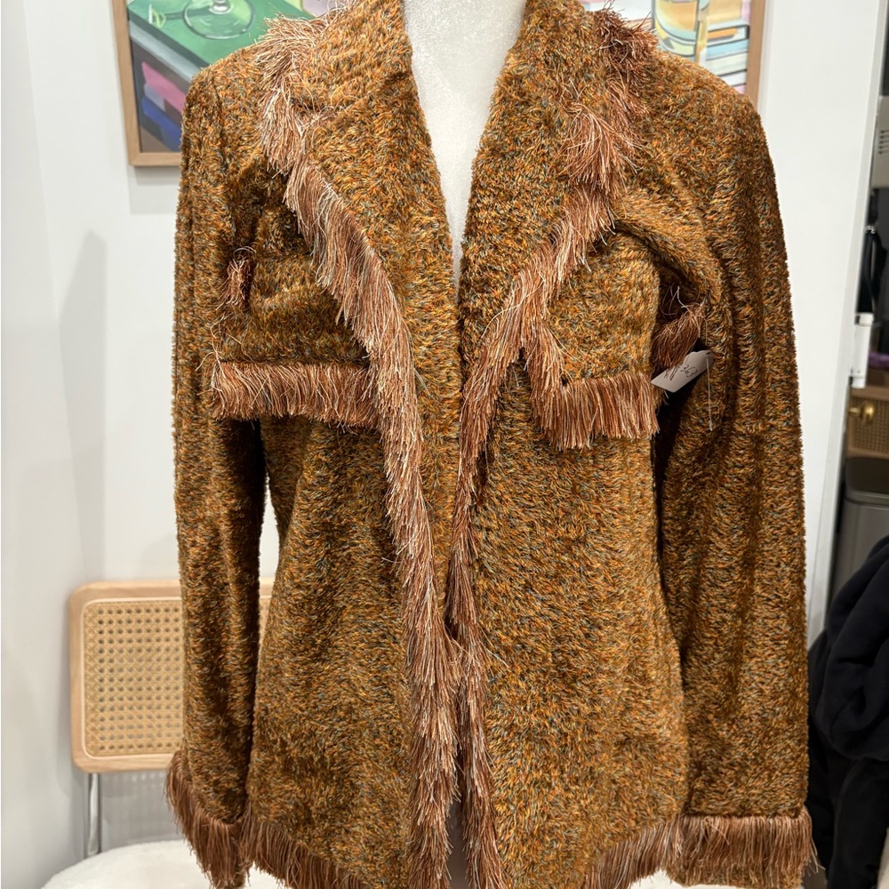 Womens Brown Textured Fringe Open-Front Jacket